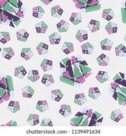 A seamless pattern consisting of large and small pentagons, which are divided into multi-colored fragments. A picture on the background of a texture consisting of dotted squares.
