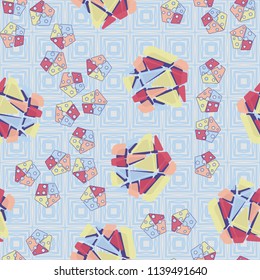 A seamless pattern consisting of large and small pentagons, which are divided into multi-colored fragments. A picture on the background of a texture consisting of vibrating squares.