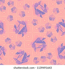 A seamless pattern consisting of large and small pentagons, which are divided into multi-colored fragments. A picture on the background of a texture consisting of vibrating squares.
