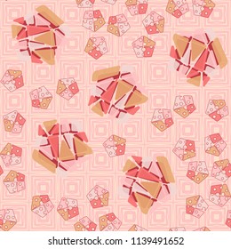 A seamless pattern consisting of large and small pentagons, which are divided into multi-colored fragments. A picture on the background of a texture consisting of vibrating squares.