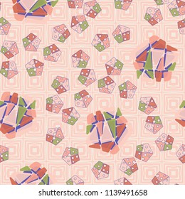 A seamless pattern consisting of large and small pentagons, which are divided into multi-colored fragments. A picture on the background of a texture consisting of vibrating squares.