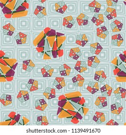 A seamless pattern consisting of large and small pentagons, which are divided into multi-colored fragments. A picture on the background of a texture consisting of vibrating squares.