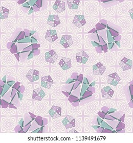 A seamless pattern consisting of large and small pentagons. A picture on a background of a texture consisting of squares into which four-beam stars are framed.