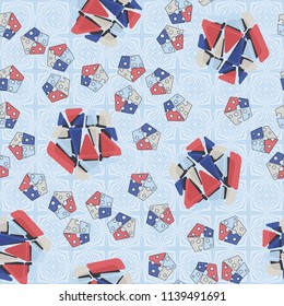 A seamless pattern consisting of large and small pentagons. A picture on a background of a texture consisting of squares into which four-beam stars are framed.