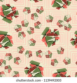 A seamless pattern consisting of large and small pentagons, which are divided into multi-colored fragments. A picture on a texture background consisting of concentric squares.