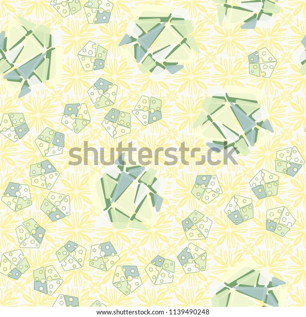 A seamless\
pattern consisting of large and small pentagons, which are divided\
into multi-colored fragments. A picture on a background of a\
texture consisting of four-sided\
flowers.