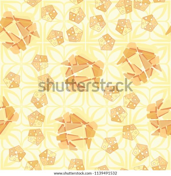 A\
seamless pattern consisting of large and small pentagons, which are\
divided into multi-colored fragments. A picture on a background of\
a texture consisting of four-petalled symbolic\
flowers.
