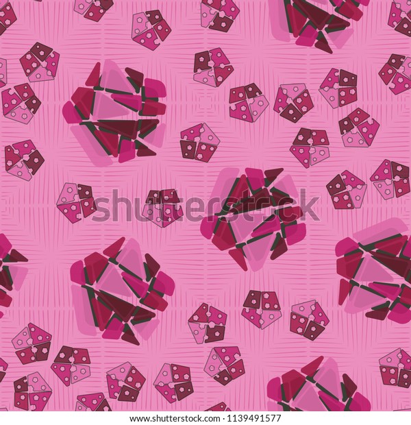A seamless\
pattern consisting of large and small pentagons, which are divided\
into multi-colored fragments. A picture on the background of a\
texture consisting of dotted\
squares.