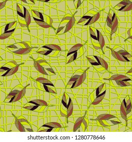 Seamless pattern consisting of motley leaves. Colors of the spring landscape. 
Background consisting of a lattice.