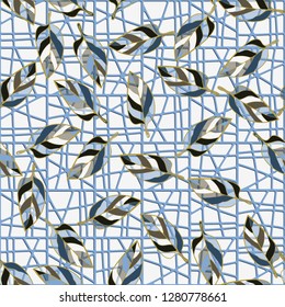 Seamless pattern consisting of motley leaves. Colors of the spring landscape. 
Background consisting of a lattice.