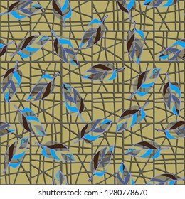 Seamless pattern consisting of motley leaves. Colors of the spring landscape. 
Background consisting of a lattice.