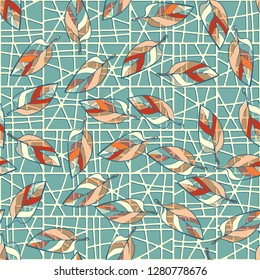 Seamless pattern consisting of motley leaves. Colors of the spring landscape. 
Background consisting of a lattice.