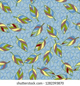 Seamless pattern consisting of motley leaves. Colors of the spring landscape. 
The background texture consists of four-sided pseudoconvex elements. Just for editing.