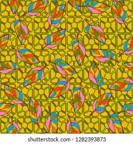 Seamless pattern consisting of motley leaves. Colors of the spring landscape. 
The background texture consists of four-sided pseudoconvex elements. Just for editing.