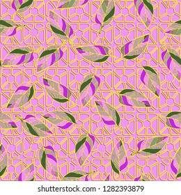 Seamless pattern consisting of motley leaves. Colors of the spring landscape. 
The background texture consists of four-sided pseudoconvex elements. Just for editing.