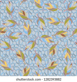 Seamless pattern consisting of motley leaves. Colors of the spring landscape. 
The background texture consists of four-sided pseudoconvex elements. Just for editing.