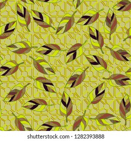 Seamless pattern consisting of motley leaves. Colors of the spring landscape. 
The background texture consists of four-sided pseudoconvex elements. Just for editing.