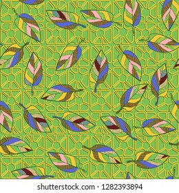 Seamless pattern consisting of motley leaves. Colors of the spring landscape. 
The background texture consists of four-sided pseudoconvex elements. Just for editing.