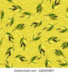 Seamless pattern consisting of motley leaves. Colors of the spring landscape. 
The background texture consists of four-sided pseudoconvex elements. Just for editing.