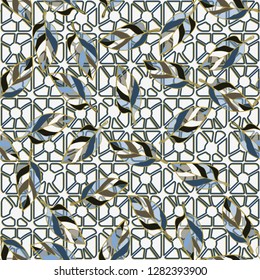 Seamless pattern consisting of motley leaves. Colors of the spring landscape. 
The background texture consists of four-sided pseudoconvex elements. Just for editing.