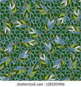Seamless pattern consisting of motley leaves. Colors of the spring landscape. 
The background texture consists of four-sided pseudoconvex elements. Just for editing.