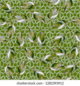 Seamless pattern consisting of motley leaves. Colors of the spring landscape. 
The background texture consists of four-sided pseudoconvex elements. Just for editing.