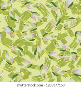Seamless pattern consisting of motley leaves. Colors of the spring landscape. 
Background consisting of stripes and brush strokes. Just for editing.