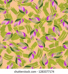Seamless pattern consisting of motley leaves. Colors of the spring landscape. 
Background consisting of stripes and brush strokes. Just for editing.