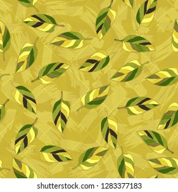 Seamless pattern consisting of motley leaves. Colors of the spring landscape. 
Background consisting of stripes and brush strokes. Just for editing.