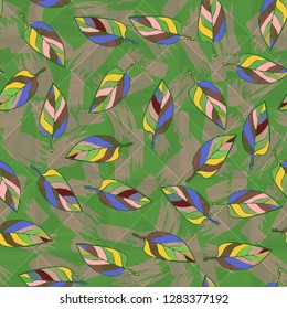 Seamless pattern consisting of motley leaves. Colors of the spring landscape. 
Background consisting of stripes and brush strokes. Just for editing.