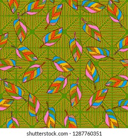 Seamless pattern consisting of motley leaves. Colors of the spring landscape.
Background consisting of wavy lines. Easy to edit.