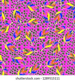 Seamless pattern consisting of motley leaves. Colors of the spring landscape.
The background consists of a placer of pseudoconvex squares. Easy to edit.