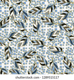Seamless pattern consisting of motley leaves. Colors of the spring landscape.
The background consists of a placer of pseudoconvex squares. Easy to edit.