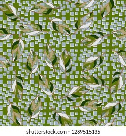 Seamless pattern consisting of motley leaves. Colors of the spring landscape.
The background consists of a placer of pseudoconvex squares. Easy to edit.
