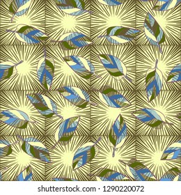 Seamless pattern consisting of motley leaves. Colors of the spring landscape.
The background consists of square suns. Easy to edit.