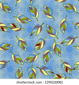 Seamless pattern consisting of motley leaves. Colors of the spring landscape.
The background consists of square suns. Easy to edit.