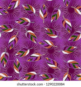 Seamless pattern consisting of motley leaves. Colors of the spring landscape.
The background consists of square suns. Easy to edit.
