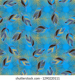 Seamless pattern consisting of motley leaves. Colors of the spring landscape.
The background consists of square suns. Easy to edit.