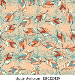 Seamless pattern consisting of motley leaves. Colors of the spring landscape.
The background consists of square suns. Easy to edit.