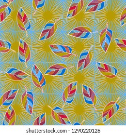 Seamless pattern consisting of motley leaves. Colors of the spring landscape.
The background consists of square suns. Easy to edit.