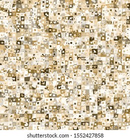 A seamless pattern consisting of multi-colored obliquely sliced squares with a scattering of small squares and blots. Unusual gold fashionable camouflage.