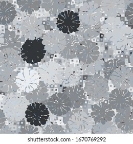 Seamless pattern consisting of multi-colored obliquely cut squares with a scattering of small variegated quadrates. Unusual blue fashionable camouflage. The first layer consists of round blots.