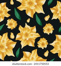 patrón ininterrumpido consistente en brote de flores narcissus, pétalos y hojas verdes sobre fondo negro para envasado, pancartas textiles o publicitarias, vector