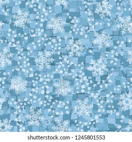 Seamless pattern consisting of obliquely cut squares. Ice colors. Camouflage principle. Snowflakes located in the foreground and background.