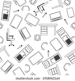 seamless pattern consisting of office equipment furniture equipment for interior decoration of office rooms at home and for printing on fabric