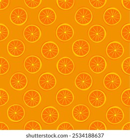 Seamless pattern consisting of orange slices arranged in a repeating manner on a bright orange background.