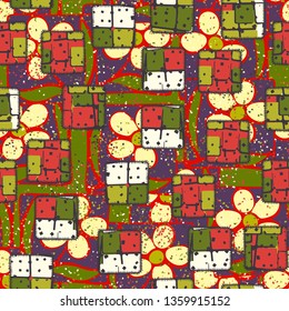 A seamless pattern consisting of painted coarse-colored sewn patches, with a background texture.