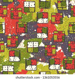 A seamless pattern consisting of painted coarse-colored sewn patches, with a background texture.