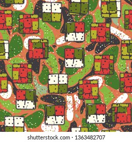 A seamless pattern consisting of painted coarse-colored sewn patches, with a background texture.