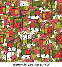 A seamless pattern consisting of painted coarse-colored sewn patches, with a background texture.